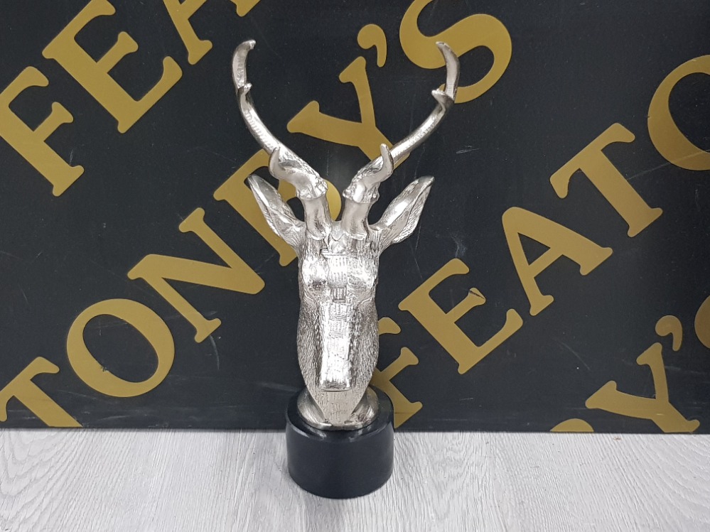 CHROME EFFECT STAGS HEAD BUST ON PLINTH 32CM