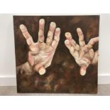 AN OIL PAINTING BY K PERRY ‘HANDS’ SIGNED AND DATED 2002 VERSO UNFRAMED 61 X 65CM