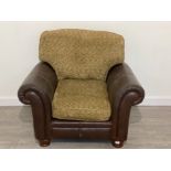 BROWN LEATHER AND FABRIC TWO TONE ARMCHAIR