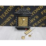 REPRODUCTION WOODEN WALL CLOCK WITH BRASS DIAL WITH PENDULUM AND WEIGHTS