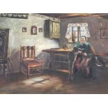 AN OIL PAINTING OF A VICTORIAN LADY READING IN THE PARLOUR INDISTINCTLY SIGNED 62.5 X 90CM