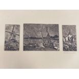 A TRIPTYCH LINOCUT DEPICTING A WINDMILL BOATS AND A CHURCH INDISTINCTLY SIGNED 33.5 X 49CM
