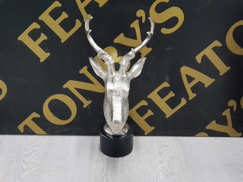 CHROME EFFECT STAGS HEAD BUST ON PLINTH 32CM