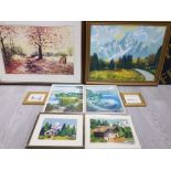 A LOT OF FRAMED ITEMS TO INCLUDE OIL ON BOARD OF A MOUNTAIN SCENE LIMITED EDITION FRAMED PRINT