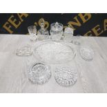 A LOT OF CRYSTAL AND CUT GLASS INCLUDES PERFUME AND JAM POTS ETC