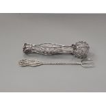 PROBABLY MALTESE SILVER WIRE PICKLE FORK AND SUGAR TONGS 14.1G