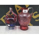 HOSPODKA DESIGN BASKET VASE PLUS A QUILTED LARGE CRANBERRY PITCHER JUG