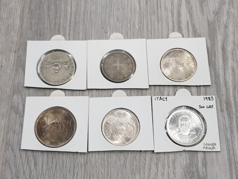 6 SILVER ITALIAN COINS 1887 2 LIRE 1961,1966,1983 AND 1974 500 LIRE AND 1977 1000 LIRE IN NICE - Image 2 of 2