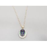 9CT YELLOW GOLD OVAL MULTICOLOUR STONE PENDANT AND CHAIN 6.3G GROSS