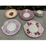 SELECTION OF FOUR SUNDERLAND LUSTRE CAKE PLATES AND AN ANTIQUE LUSTRE CUP AND SAUCER