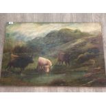 AN EARLY 20TH CENTURY OIL PAINTING BY S SMITH HIGHLAND LANDSCAPE WITH CATTLE SIGNED 61 X 91CM