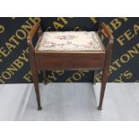 INLAID MAHOGANY PIANO STOOL WITH TAPESTRY SEAT