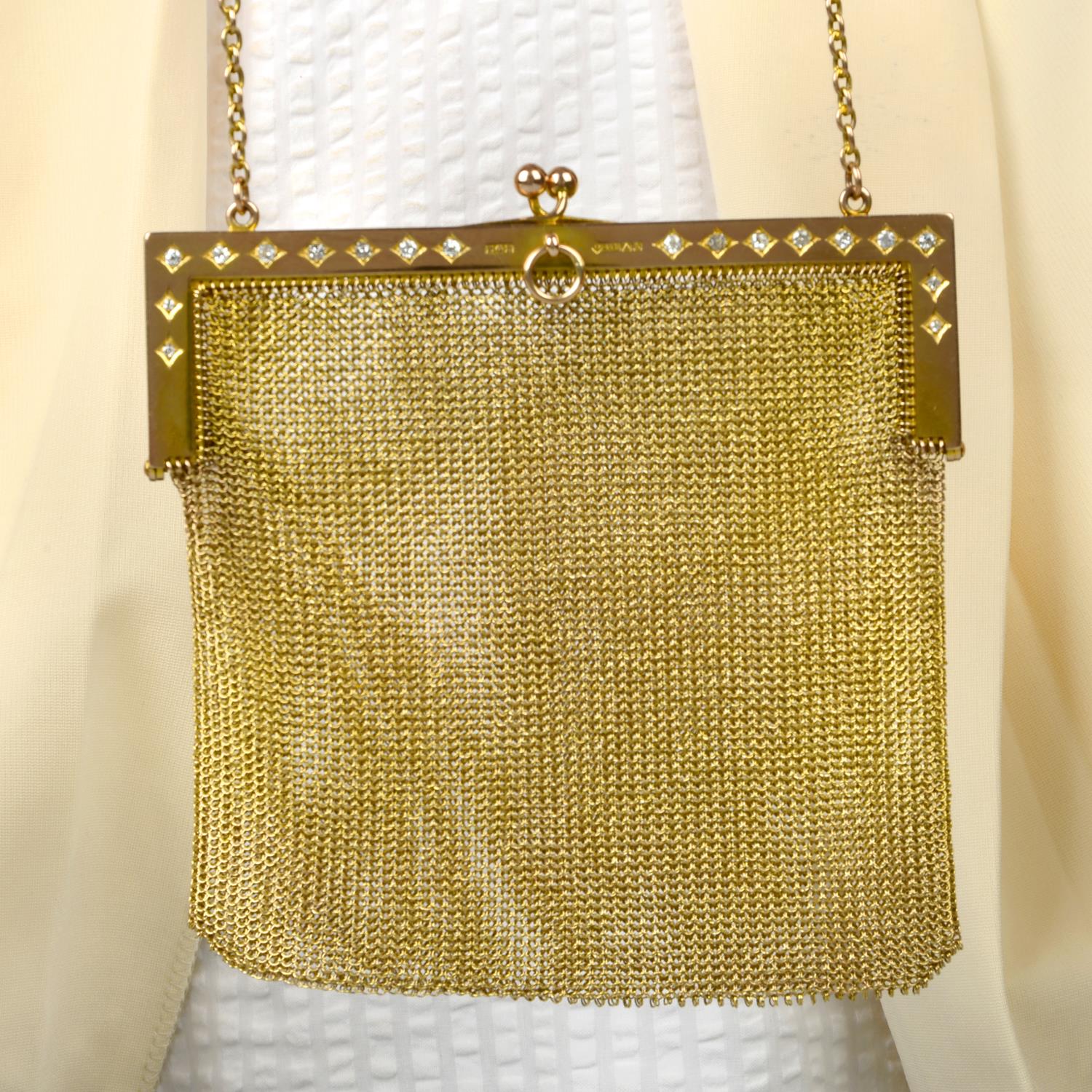 An Edwardian 9ct gold mesh-link purse, with old-cut diamond highlights. - Image 4 of 4