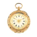 An early 20th century 14ct gold enamel fob watch, with two keys.Stamped 14Kt.Length 5cms.