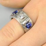 An 18ct gold square-shape diamond and sapphire three-stone band ring,