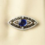 An early 20th century gold sapphire, diamond, seed pearl and white enamel brooch.