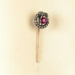 A late Victorian silver and 18ct gold, ruby and rose-cut diamond snake stickpin.