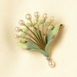 An early 20th century 18ct gold cultured pearl, enamel and diamond foliate brooch, by A.