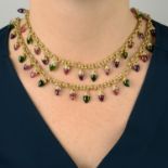 A diamond and multi-gem fringe necklace.