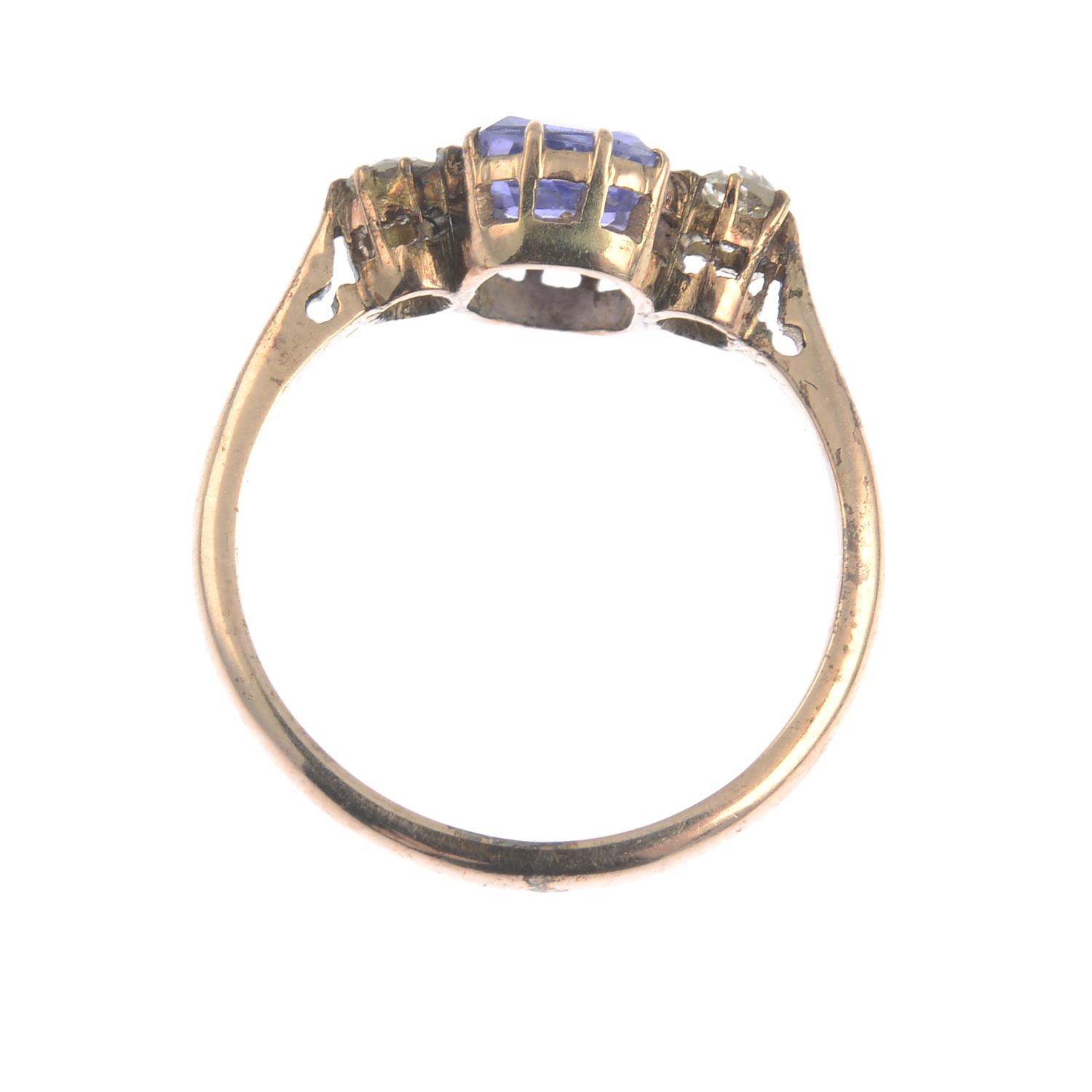 A Sri Lankan sapphire and diamond three-stone ring. - Image 2 of 6