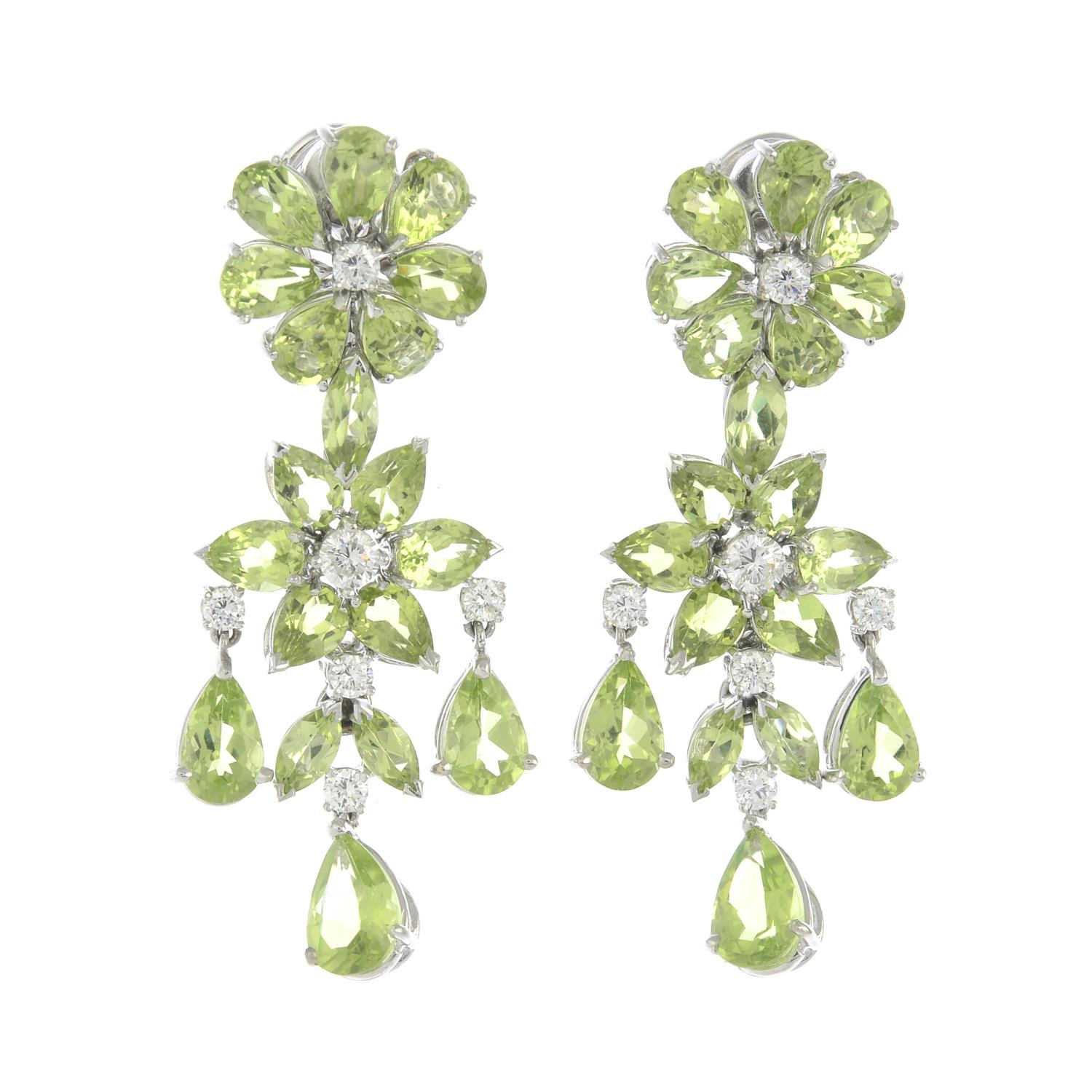 A pair of 18ct gold peridot and diamond floral cluster drop earrings.Estimated total diamond weight - Image 3 of 3