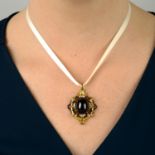 A late 19th century gold Holbeinesque garnet, diamond and enamel pendant.