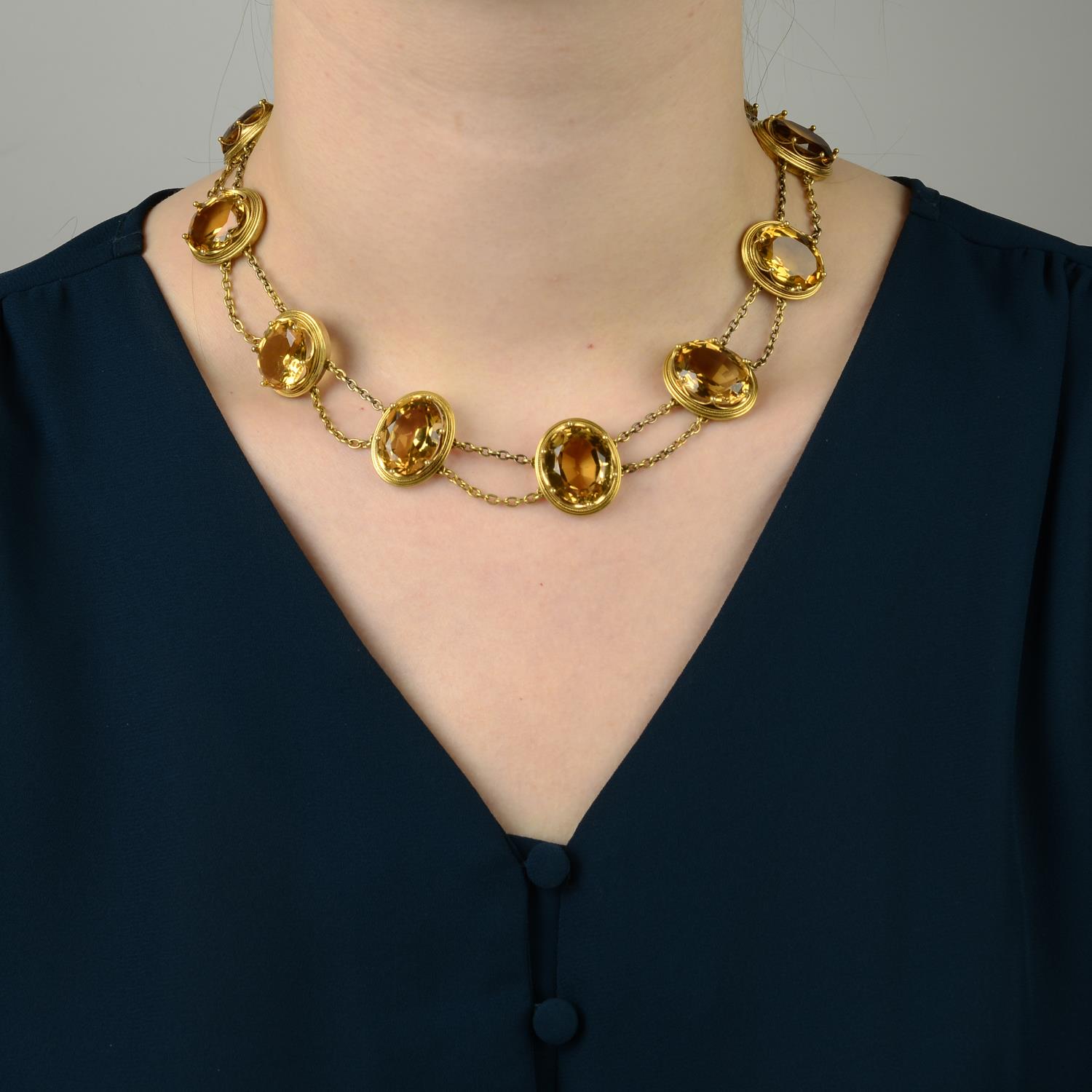 A late Victorian gold citrine necklace.Central citrine calculated weight 14.46cts, - Image 3 of 4