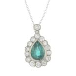 An emerald and brilliant-cut diamond cluster pendant,