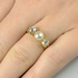 An Edwardian 18ct gold cultured pearl and old-cut diamond three-stone memorial ring,