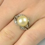 A mid 20th century natural pearl and diamond dress ring.With report 79228-77,