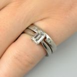 A platinum rectangular-shape diamond single-stone ring, with platinum diamond fitted band ring.