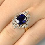 A 1960s 18ct gold sapphire and baguette-cut diamond cluster ring.Sapphire calculated weight