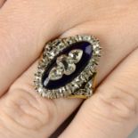 A 19th century silver and gold, blue enamel and diamond cluster ring.