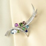 A mid 20th century multi-gem and diamond floral spray brooch.Estimated total diamond weight 1ct,