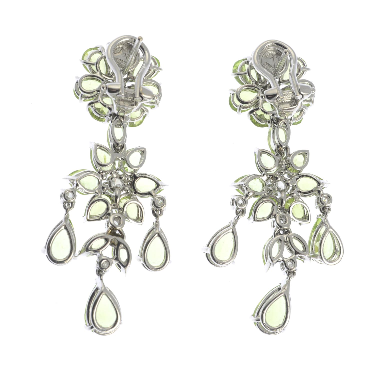 A pair of 18ct gold peridot and diamond floral cluster drop earrings.Estimated total diamond weight - Image 2 of 3