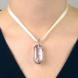 A kunzite and diamond pendant.Kunzite weight 64.51cts,