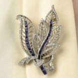 A mid 20th century platinum sapphire and diamond floral spray brooch.