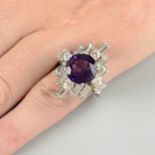 A 1970s amethyst and diamond geometric cluster ring.Amethyst weight 4.09cts.Estimated total diamond