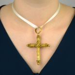 A late Georgian 18ct gold cross pendant, with glazed panel and butterfly accent.Length 9.1cms.