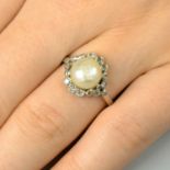 A mid 20th century natural pearl and diamond cluster ring.