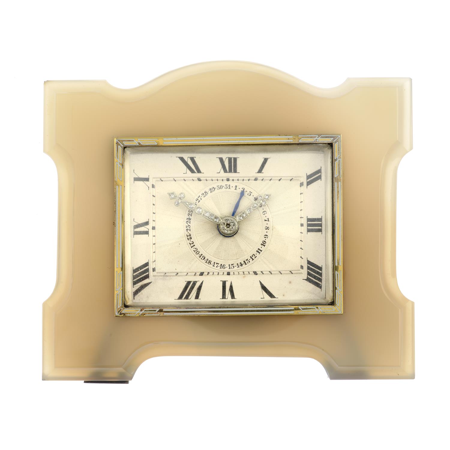 An Art Deco agate French desk clock, with diamond hands, attributed to Boucheron.Length 9.6cms. - Image 4 of 5
