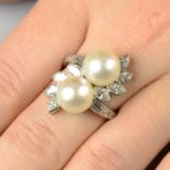 A mid 20th century cultured pearl and diamond floral dress ring,