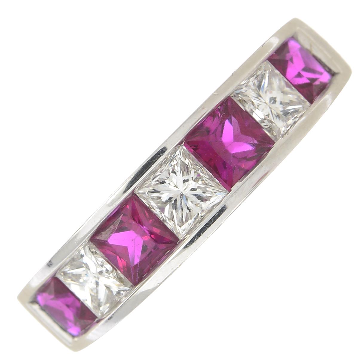An 18ct gold square-shape ruby and diamond half eternity ring. - Image 9 of 9