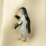 A pave-set diamond and deep green enamel penguin brooch,