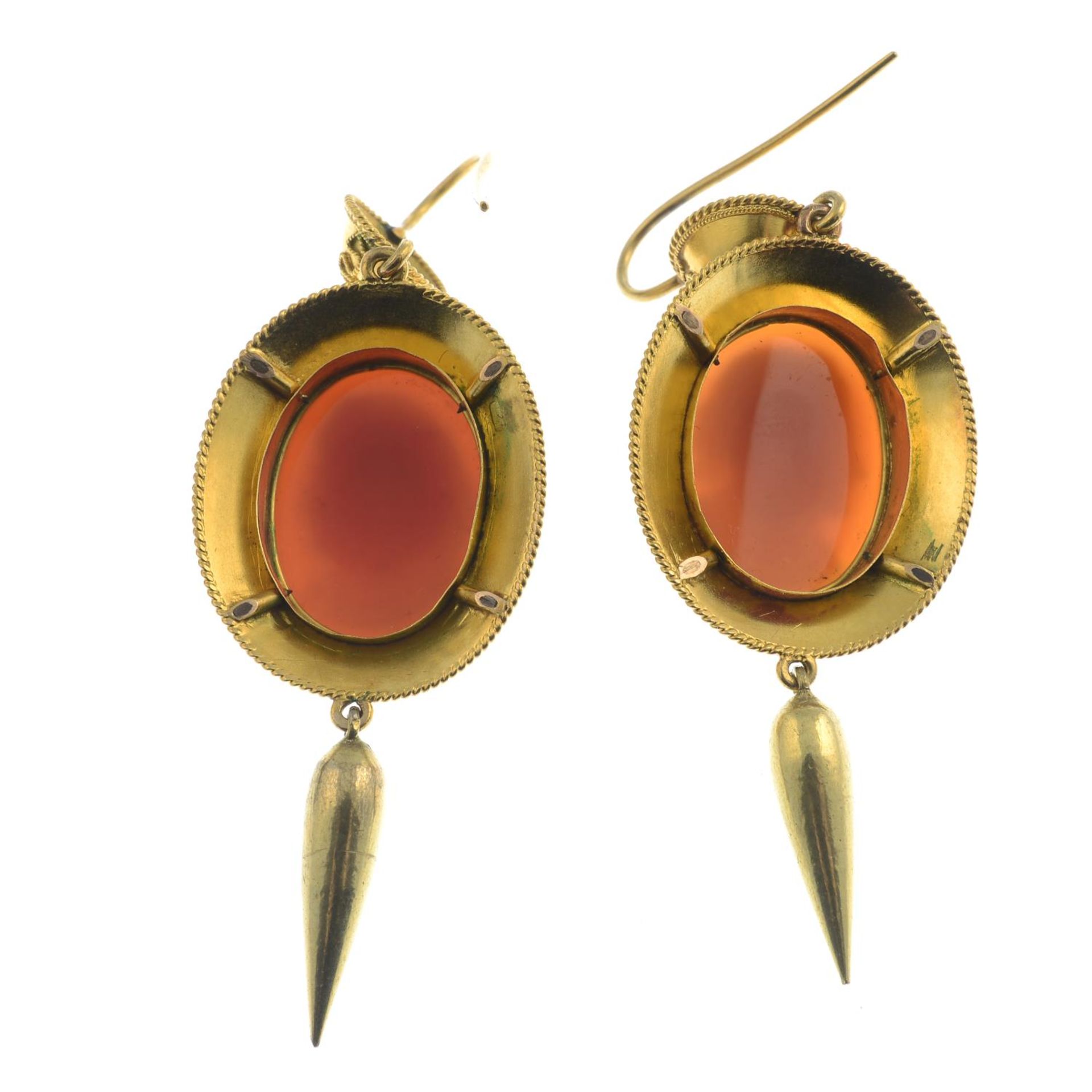 A pair of mid 19th century gold sardonyx cameo earrings.Length 6.8cms. - Image 2 of 2