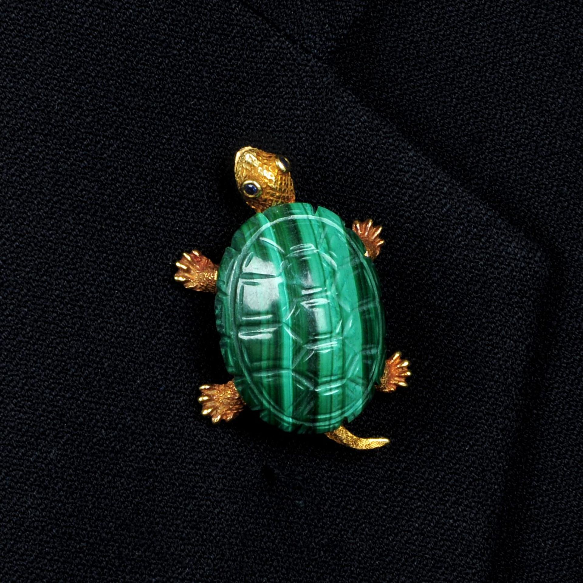 A mid 20th century gold malachite tortoise brooch, with sapphire eyes.Stamped 18K. - Image 4 of 5