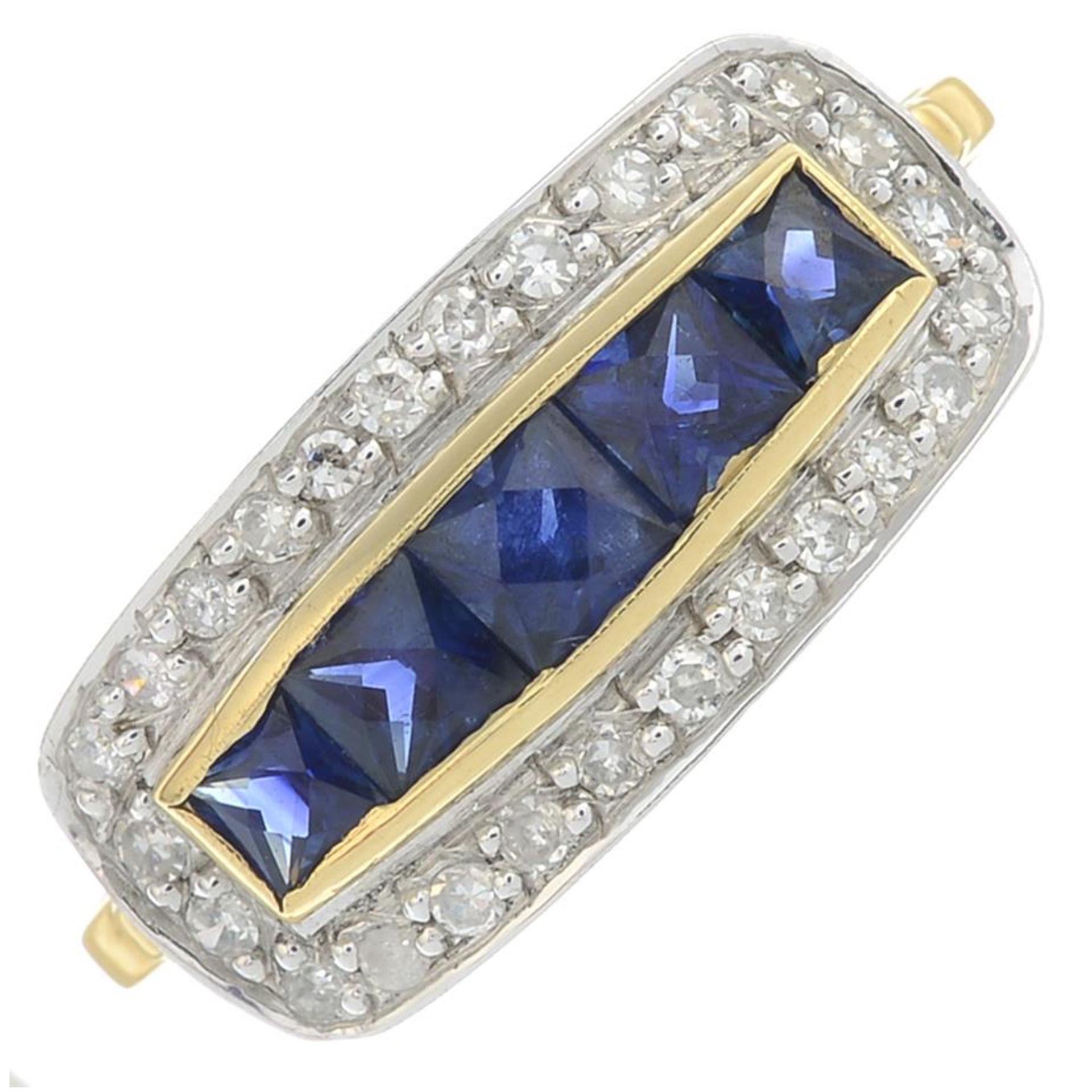 A single-cut diamond and sapphire dress ring.Estimated total diamond weight 0.20ct.Stamped