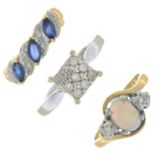 Three gold diamond and gem-set rings.Gems include diamond,