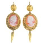 A pair of mid 19th century gold sardonyx cameo earrings.Length 6.8cms.