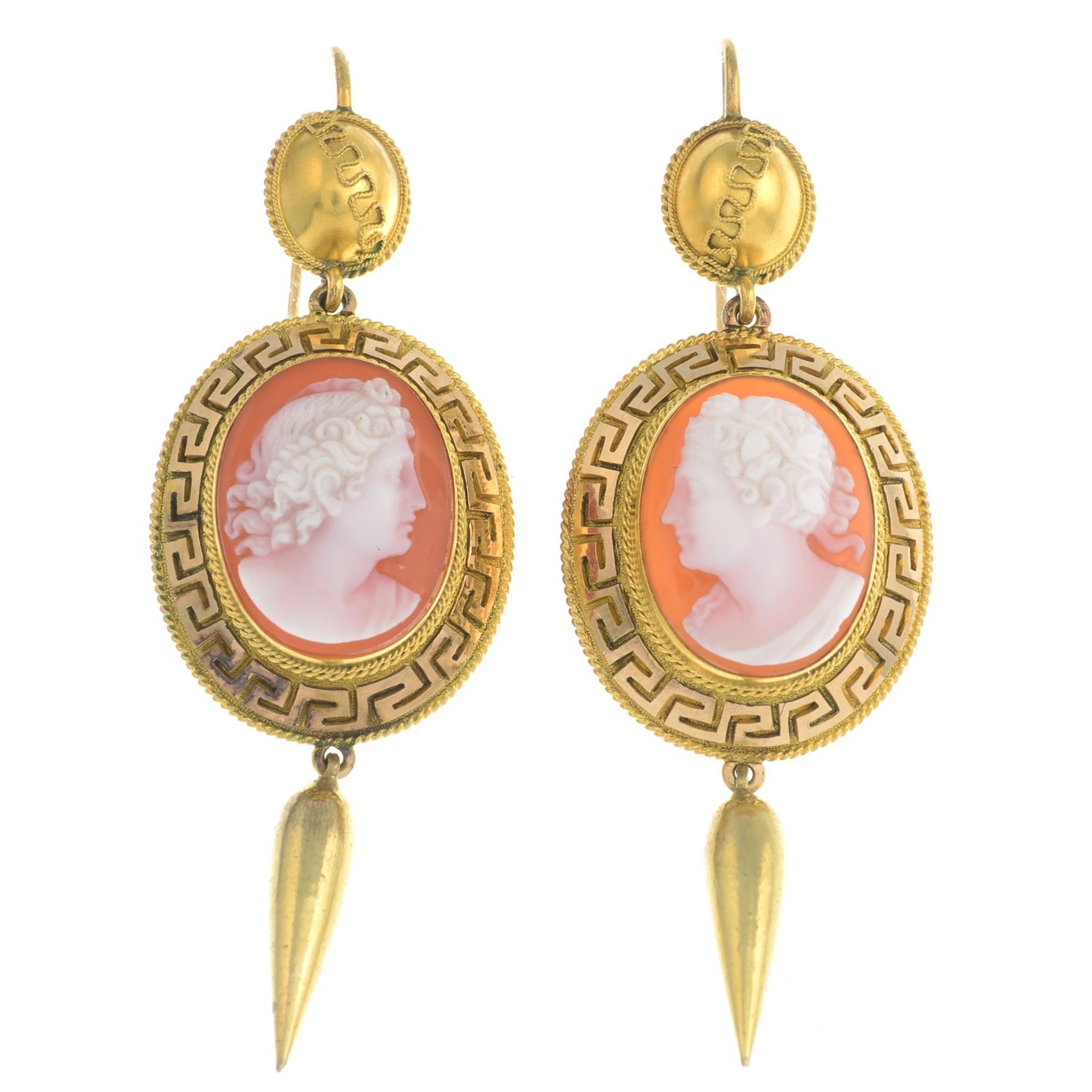 A pair of mid 19th century gold sardonyx cameo earrings.Length 6.8cms.